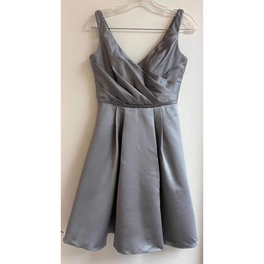 NWT David's Bridal Gray Satin Pleated Cocktail Dress Pockets 2 Mercury Formal - Picture 2 of 9